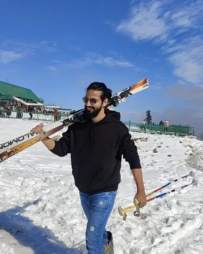 Skiing in the snow, ski on shoulder